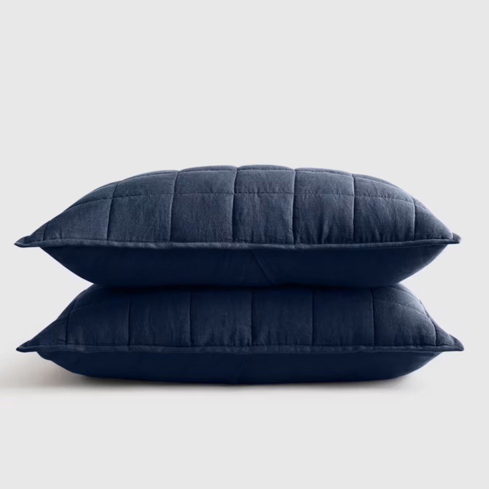 NWT QUINCE European Linen Box Quilted Sham Set King Navy 6032
